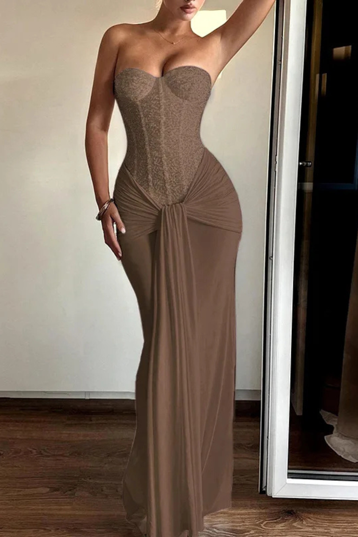 Women's Evening Corset Strapless Draped Wedding Guest Dress | Maxi