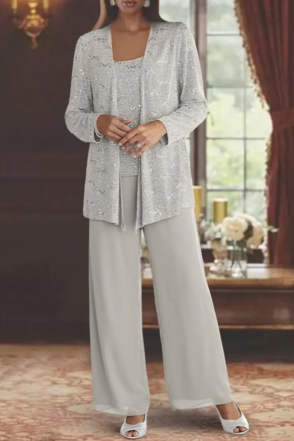 Women's Party Jacket and Top and Wide Leg Trouser | Three Piece