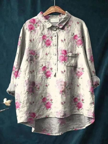 Women's Vintage Floral Button Fron Neck Collared Blouse | Long Sleeves