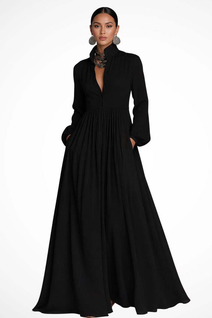 Women's Long Sleeve Button Front Garden Party Dress with Pockets | Maxi