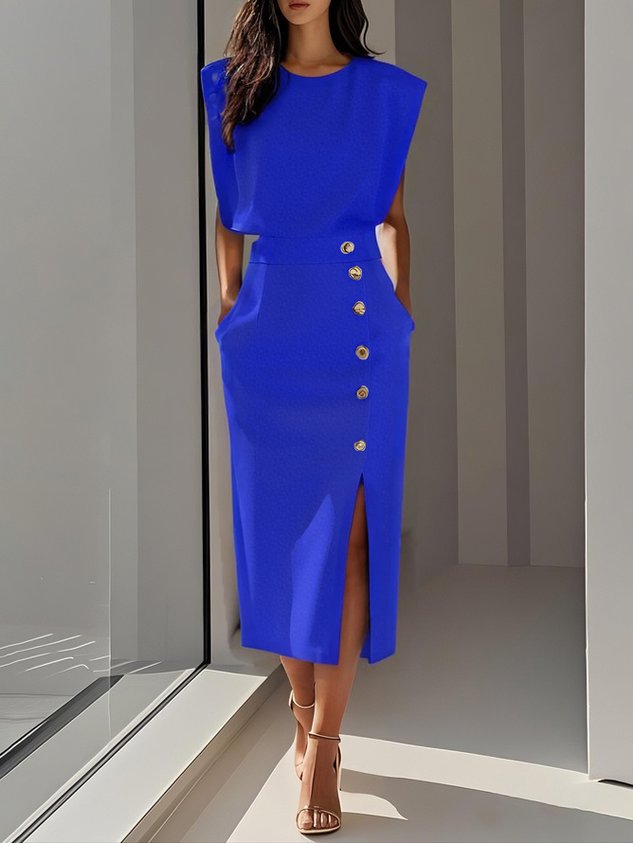 Women's Elegant Button-Front Detail Work Dress with Slit | Midi