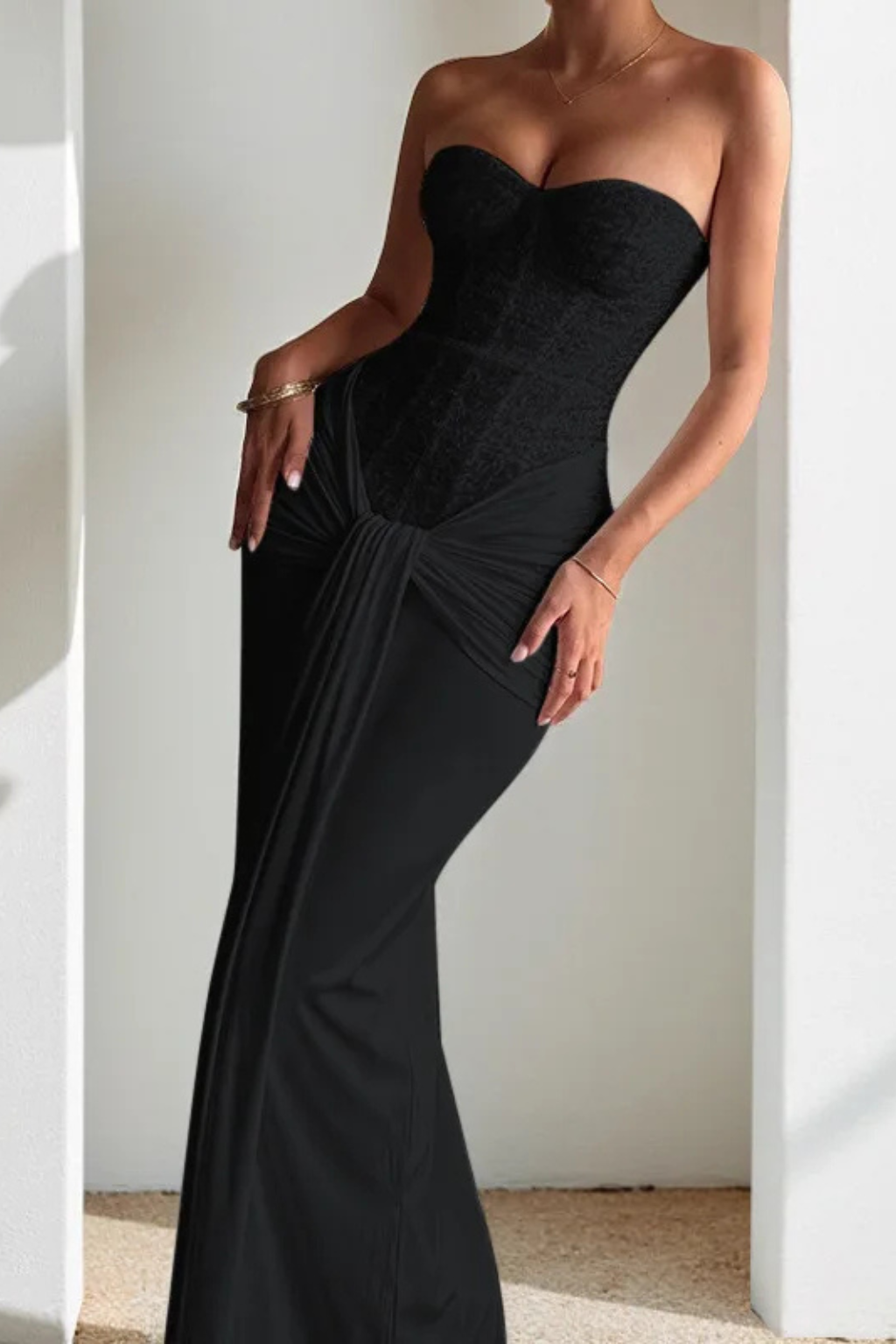 Women's Evening Corset Strapless Draped Wedding Guest Dress | Maxi