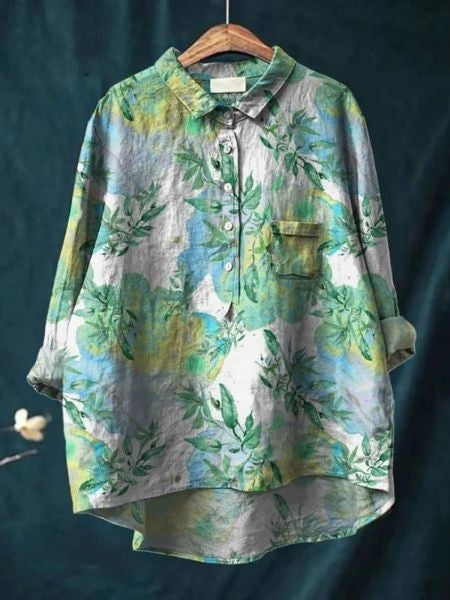 Women's Vintage Floral Button Fron Neck Collared Blouse | Long Sleeves