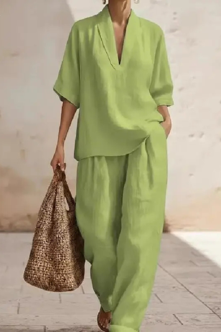 Women's Loose V Neck Top and Wide Leg Trousers Co-Ord Set | Two Piece