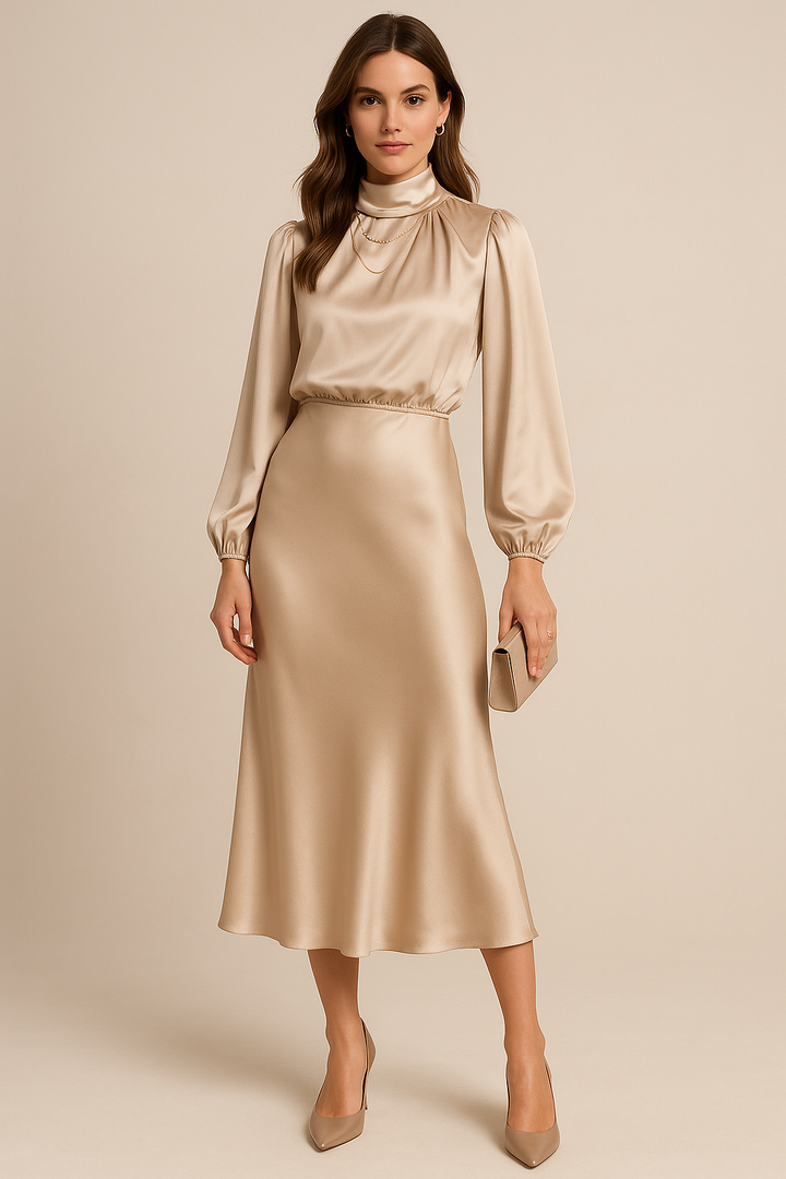Women's Long Bishop Sleeves Mock Formal Dress | Midi