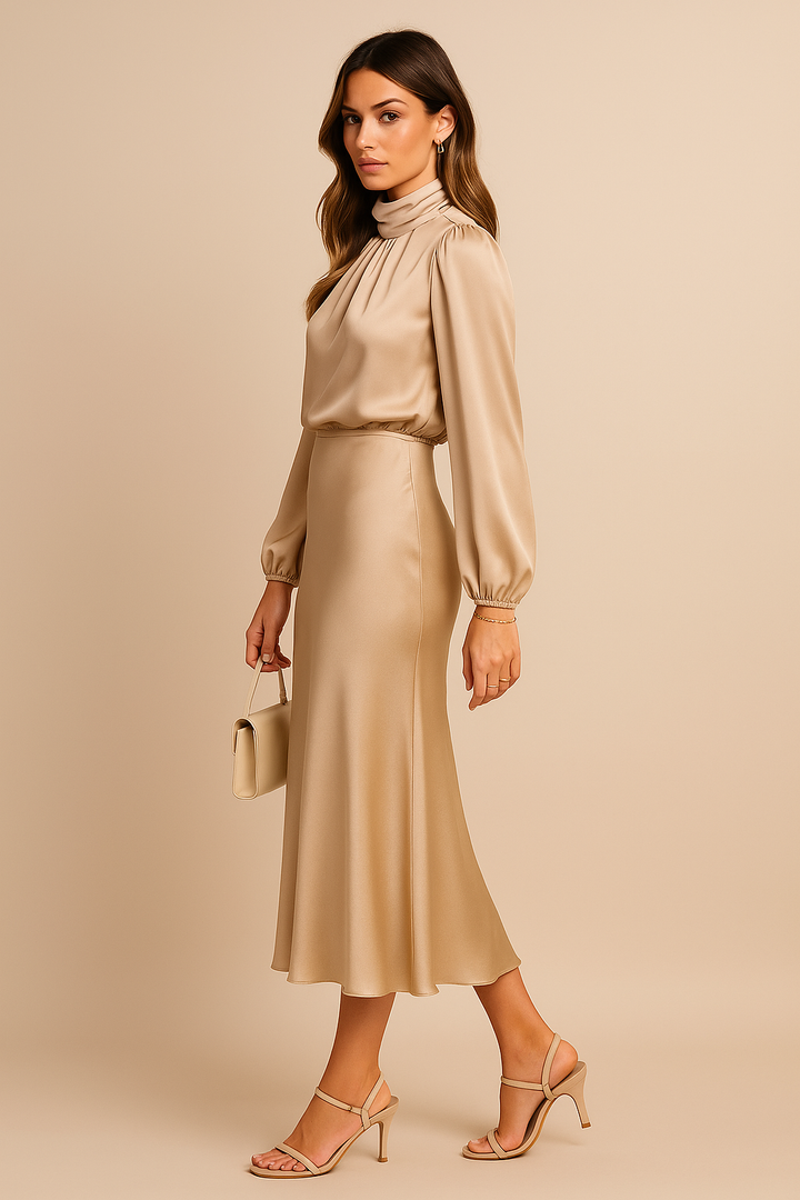 Women's Long Bishop Sleeves Mock Formal Dress | Midi