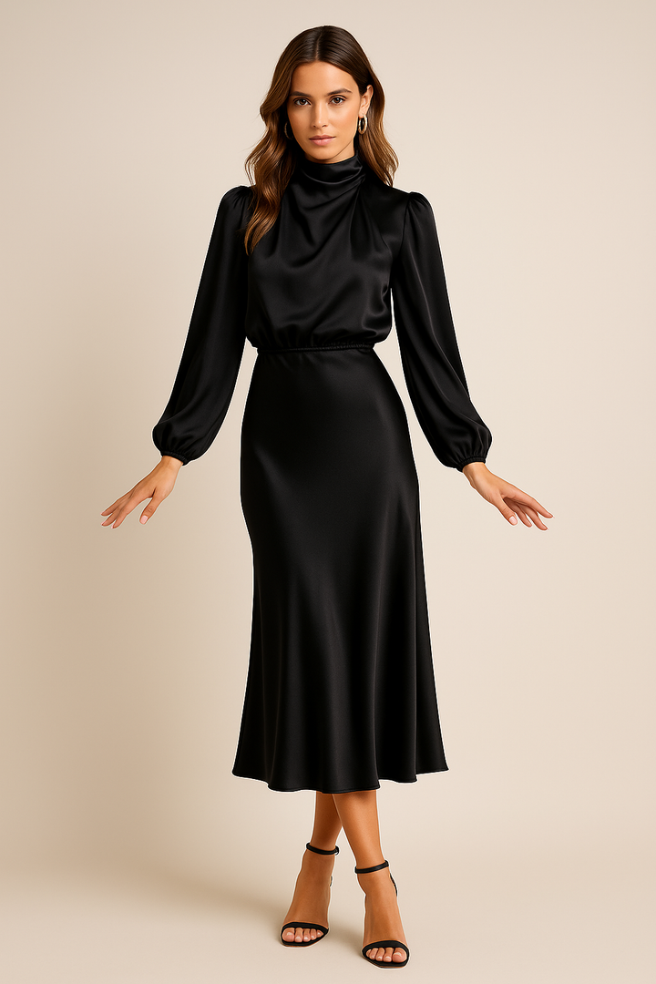 Women's Long Bishop Sleeves Mock Formal Dress | Midi
