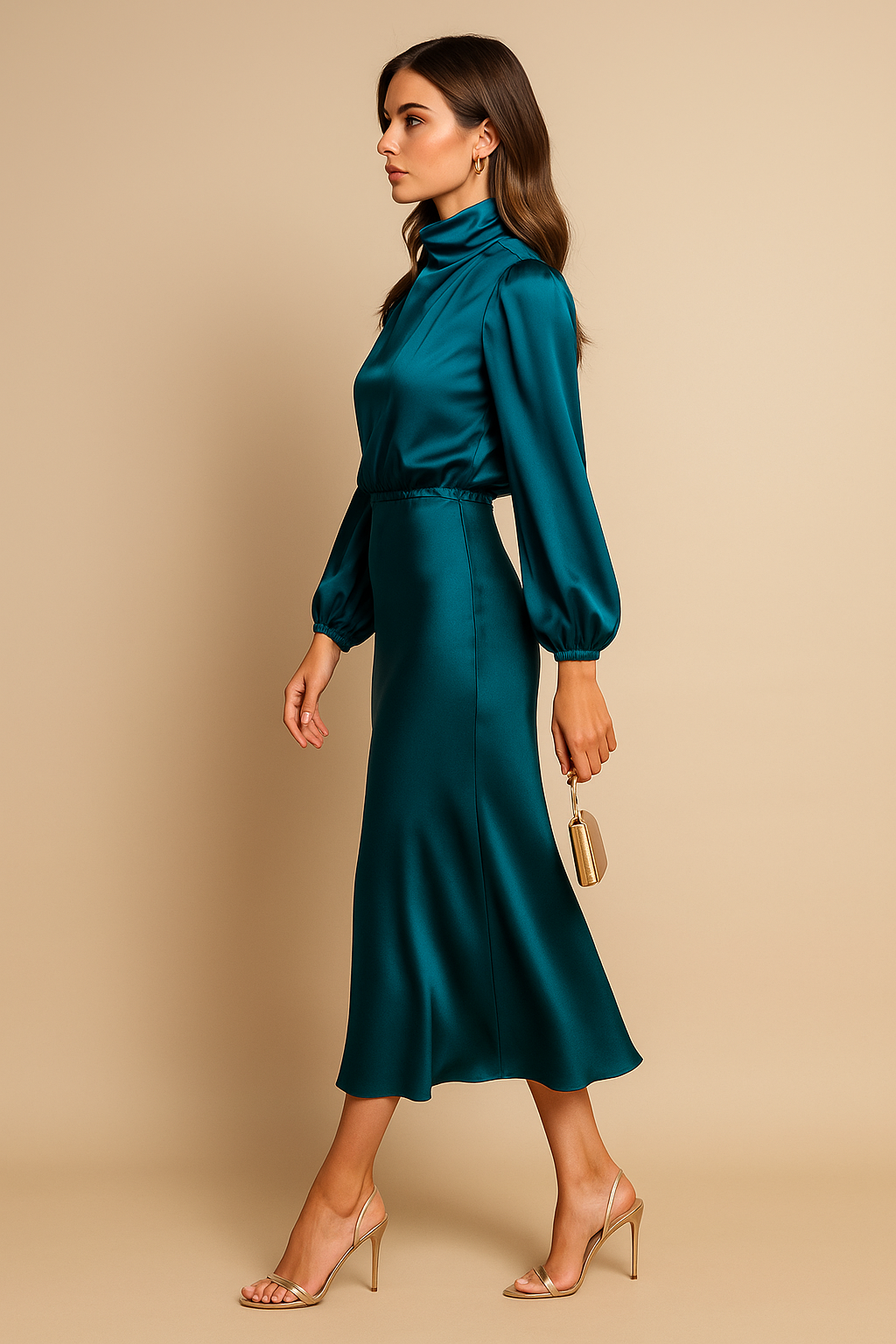 Women's Long Bishop Sleeves Mock Formal Dress | Midi