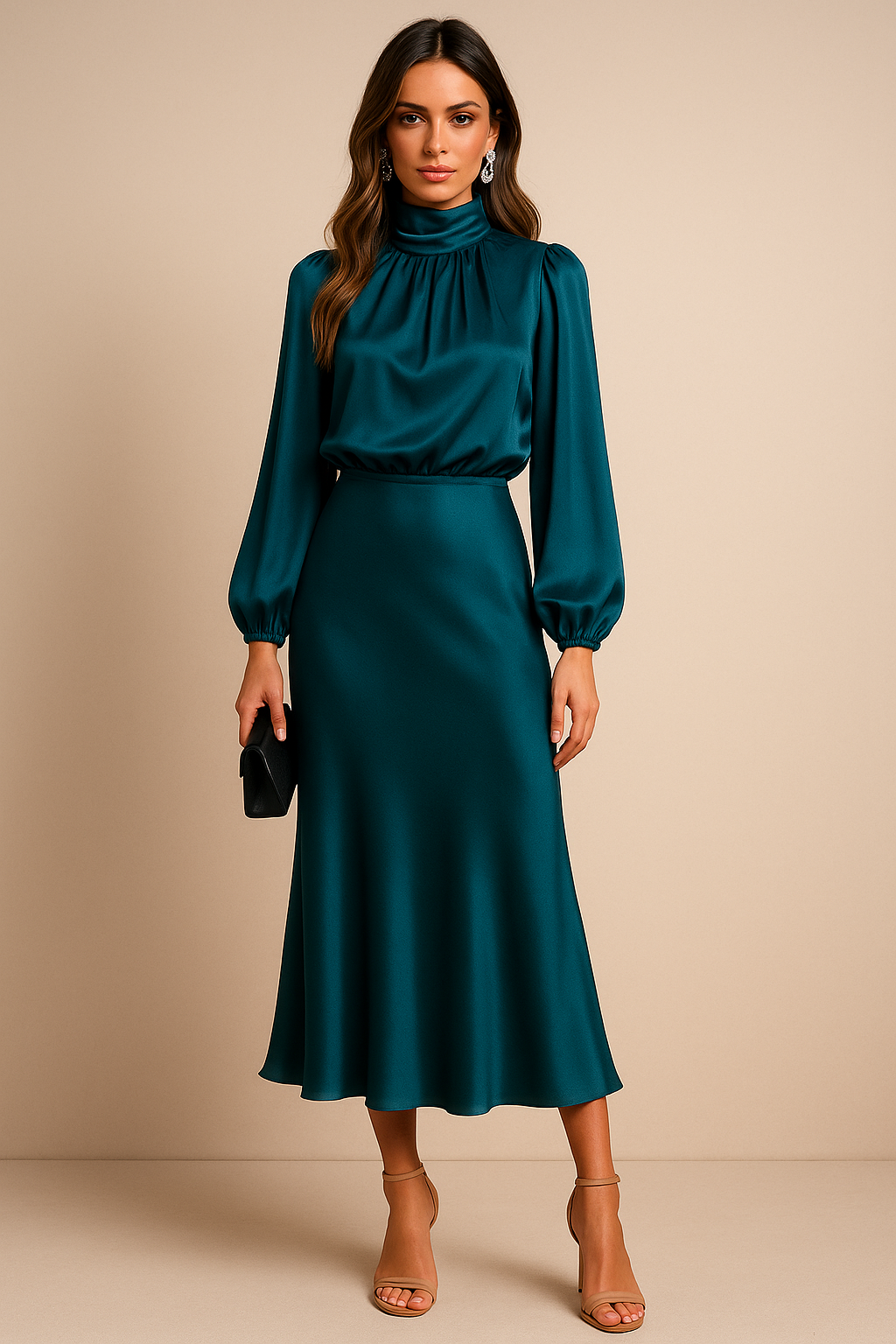 Women's Long Bishop Sleeves Mock Formal Dress | Midi