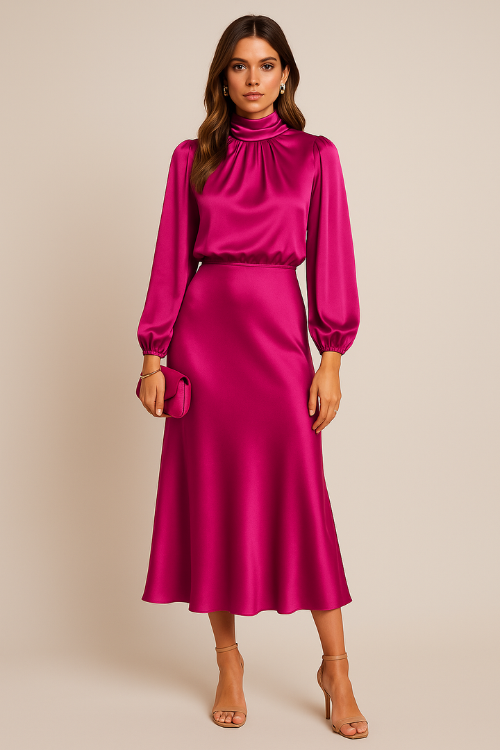 Women's Long Bishop Sleeves Mock Formal Dress | Midi