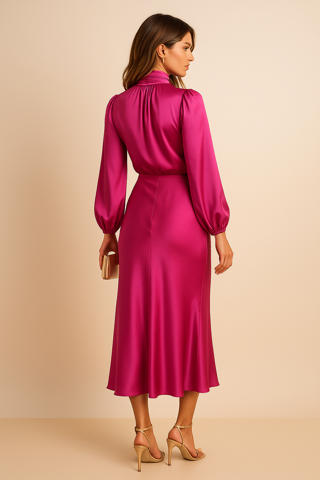 Women's Long Bishop Sleeves Mock Formal Dress | Midi