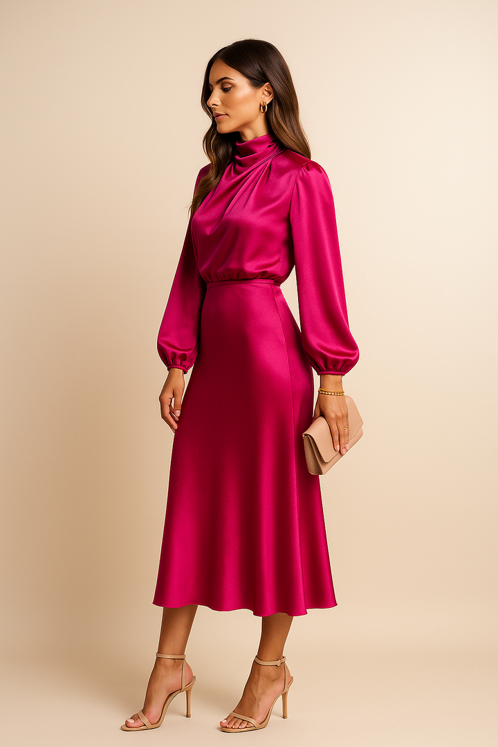 Women's Long Bishop Sleeves Mock Formal Dress | Midi