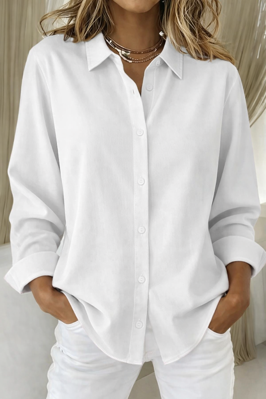Women's Elegant Summer Button Up Collared Blouse | Long Sleeves