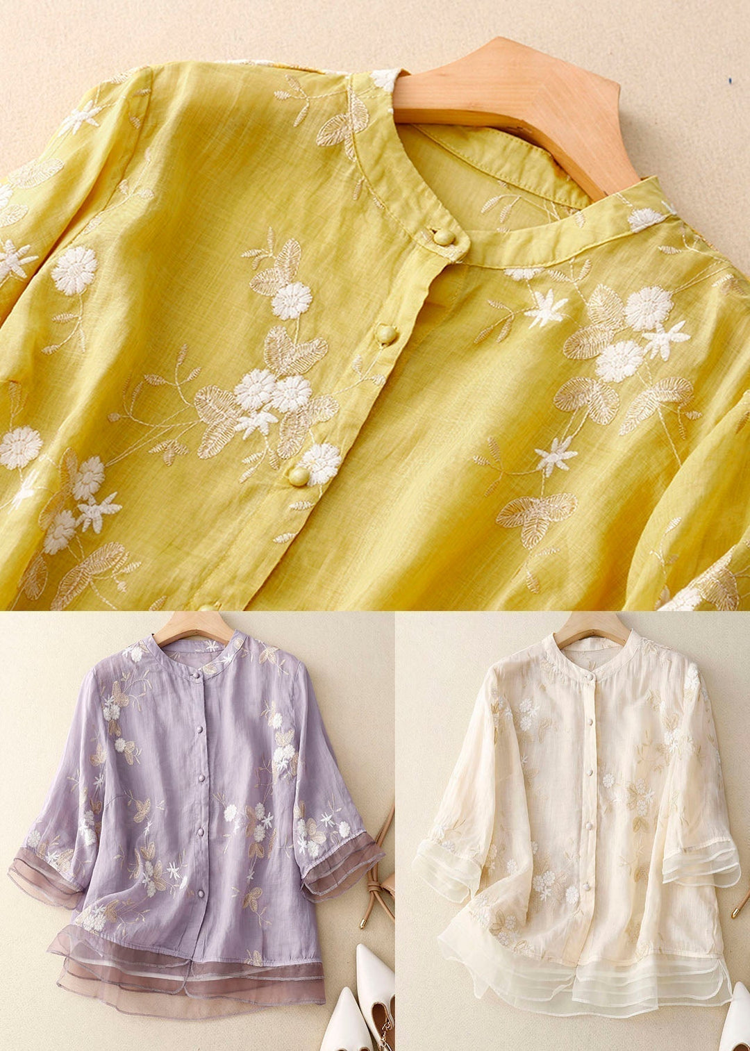 Women's Vintage Floral Layered Button Up Blouse | Three Quarter Sleeves