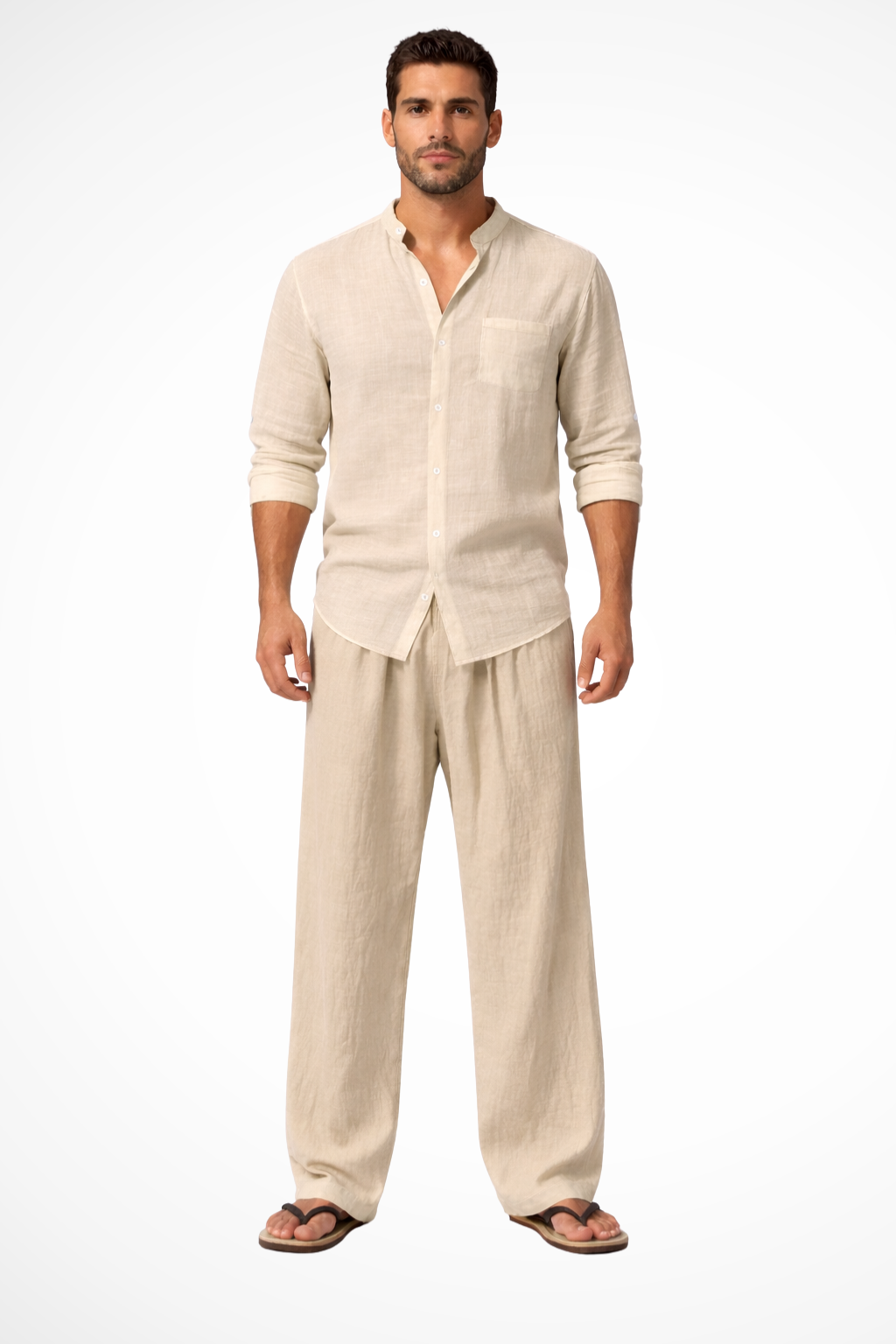 Men's Grandad Collar Long Sleeve Shirt and Straight Leg Trousers Set | Two Piece