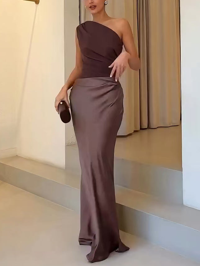 Women's Elegant One Shoulder Neck Pleated Party Dress | Maxi