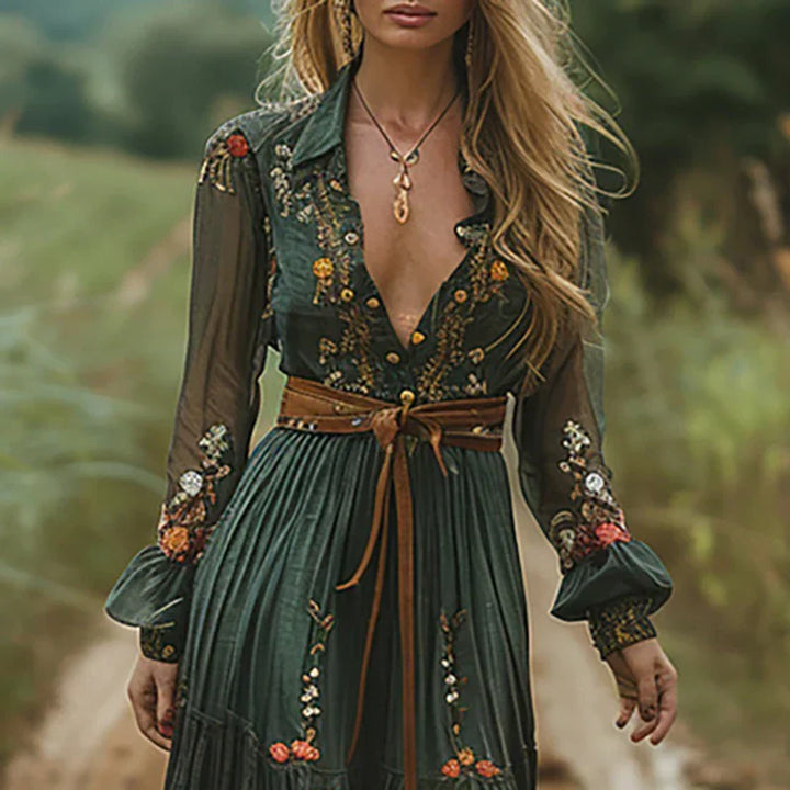 Women's Vintage Floral V Neck Dress with Belt | Maxi