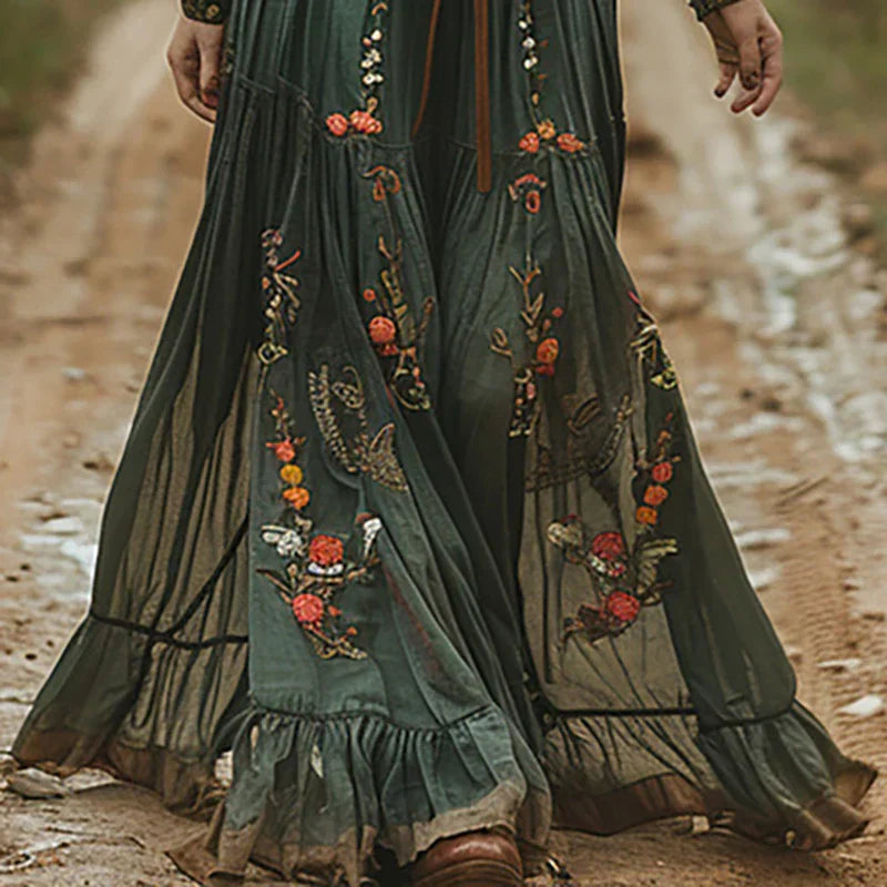 Women's Vintage Floral V Neck Dress with Belt | Maxi