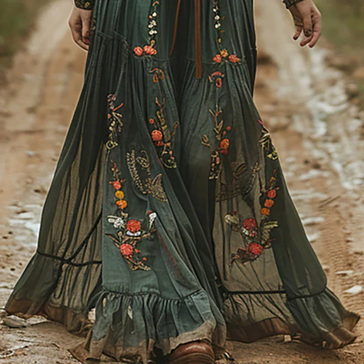 Women's Vintage Bohemian Floral Plunging V-Neck Dress | Maxi