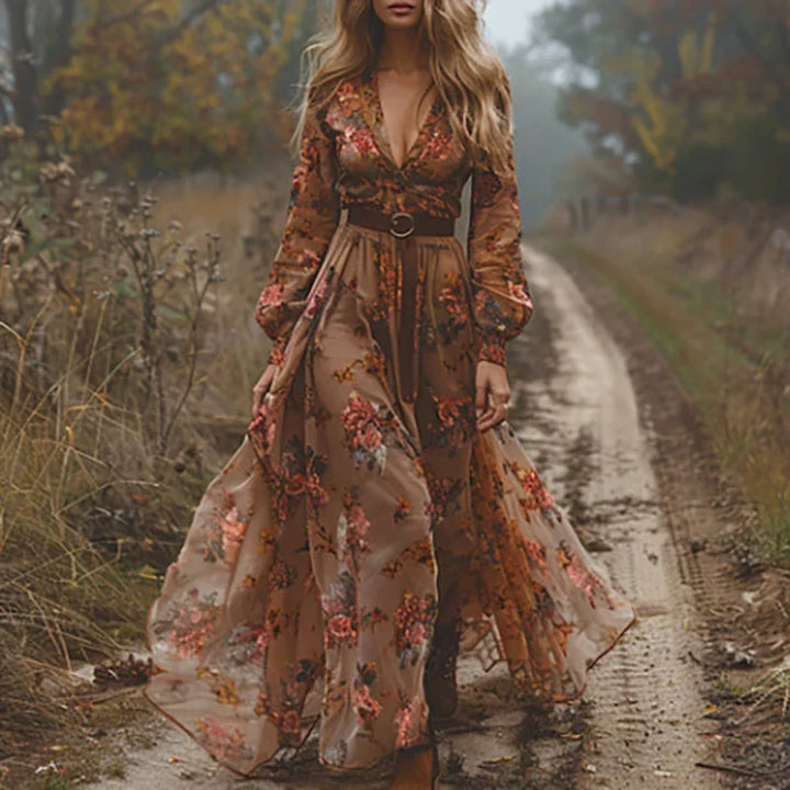 Women's Vintage Floral V Neck Dress with Belt | Maxi
