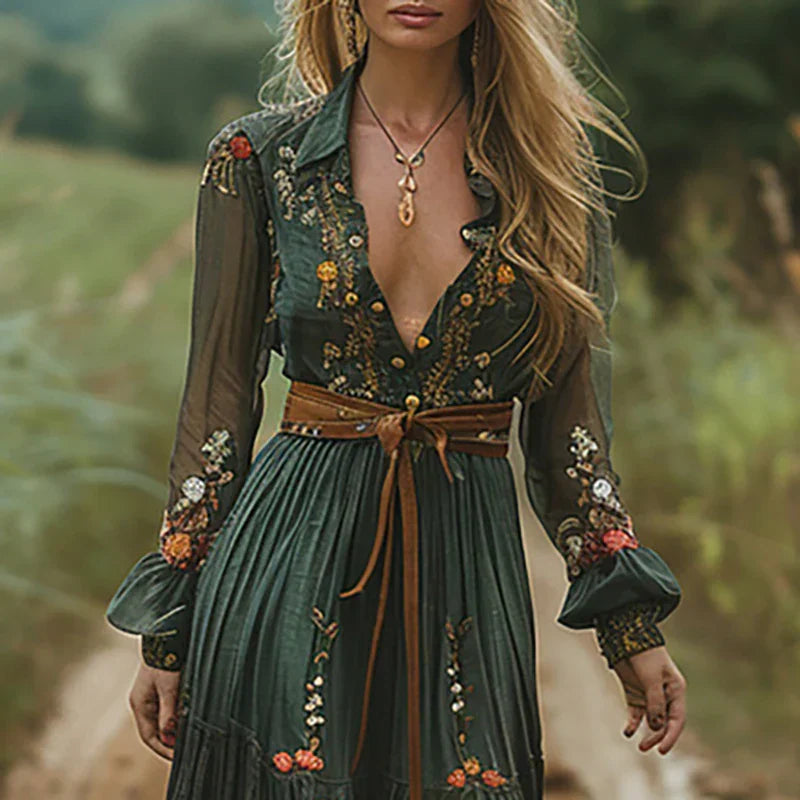 Women's Vintage Bohemian Floral Plunging V-Neck Dress | Maxi