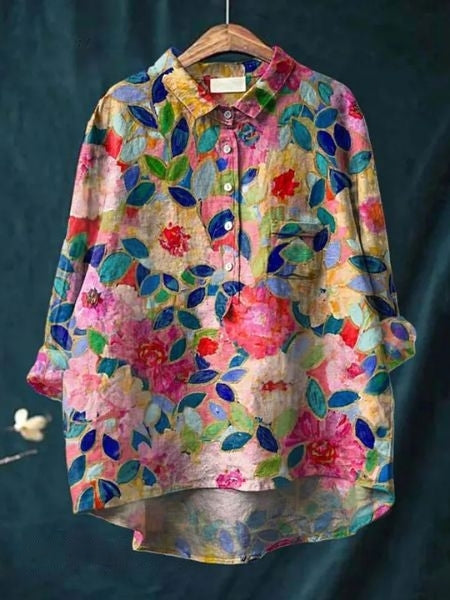 Women's Vintage Floral Button Fron Neck Collared Blouse | Long Sleeves
