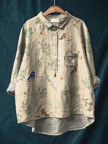 Women's Vintage Floral Button Fron Neck Collared Blouse | Long Sleeves