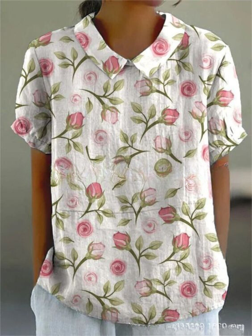 Women's Spring Collared Floral Blouse | Short Sleeves