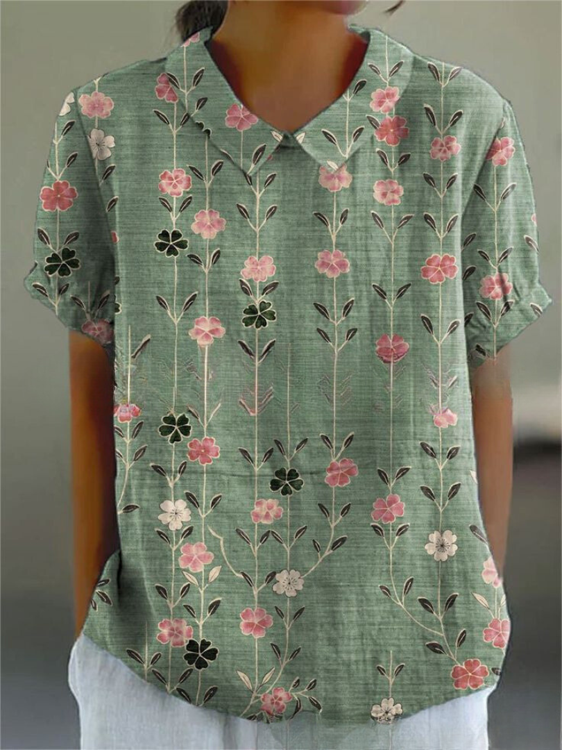 Women's Spring Collared Floral Blouse | Short Sleeves