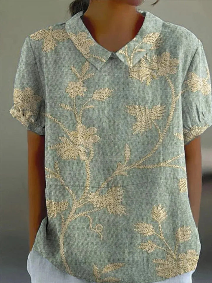 Women's Spring Collared Floral Blouse | Short Sleeves