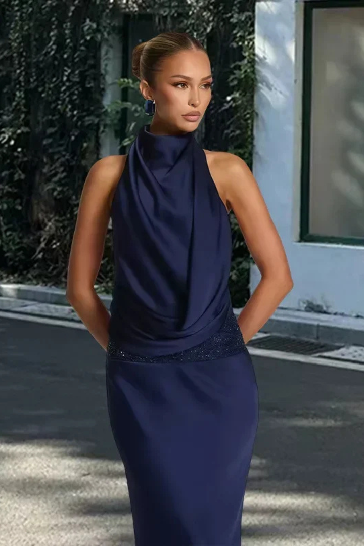Women's Halter Neck Draped Wedding Guest Dress | Maxi