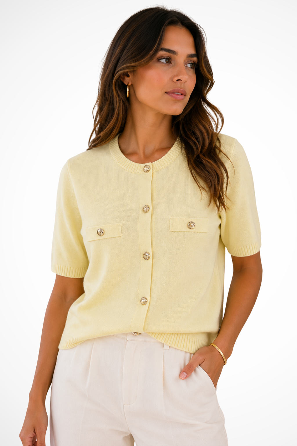 Women's Round Neck Gold Button Detail Pocket Summer Cardigan | Short Sleeve