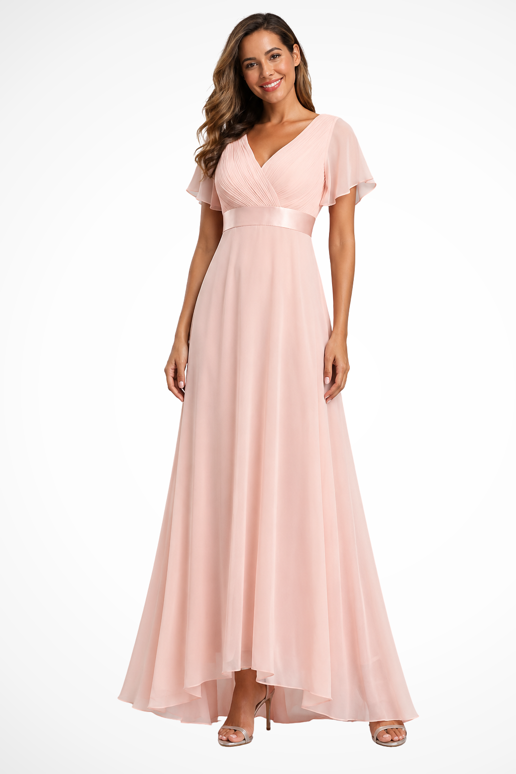 Women's Elegant Flutter Sleeve V Neck Wedding Guest Dress | Maxi