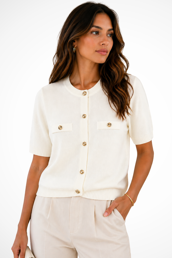 Women's Round Neck Gold Button Detail Pocket Summer Cardigan | Short Sleeve