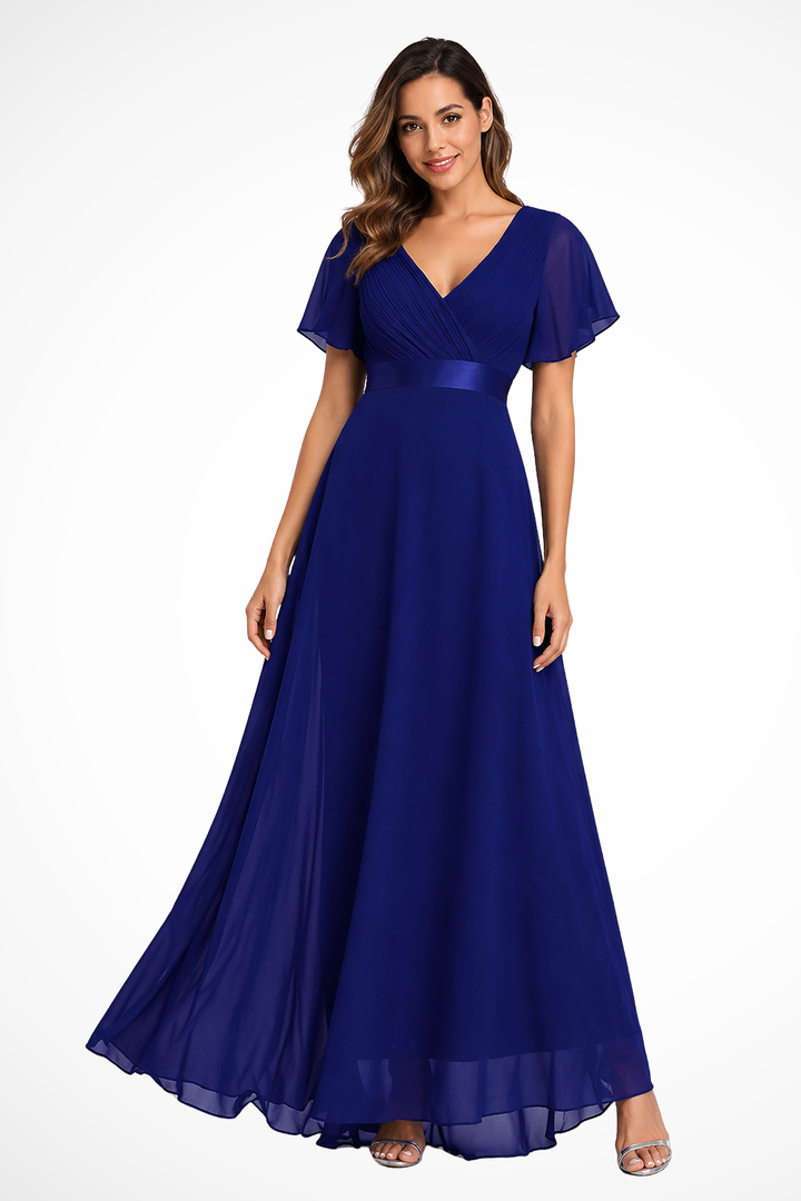 Women's Elegant Flutter Sleeve V Neck Wedding Guest Dress | Maxi