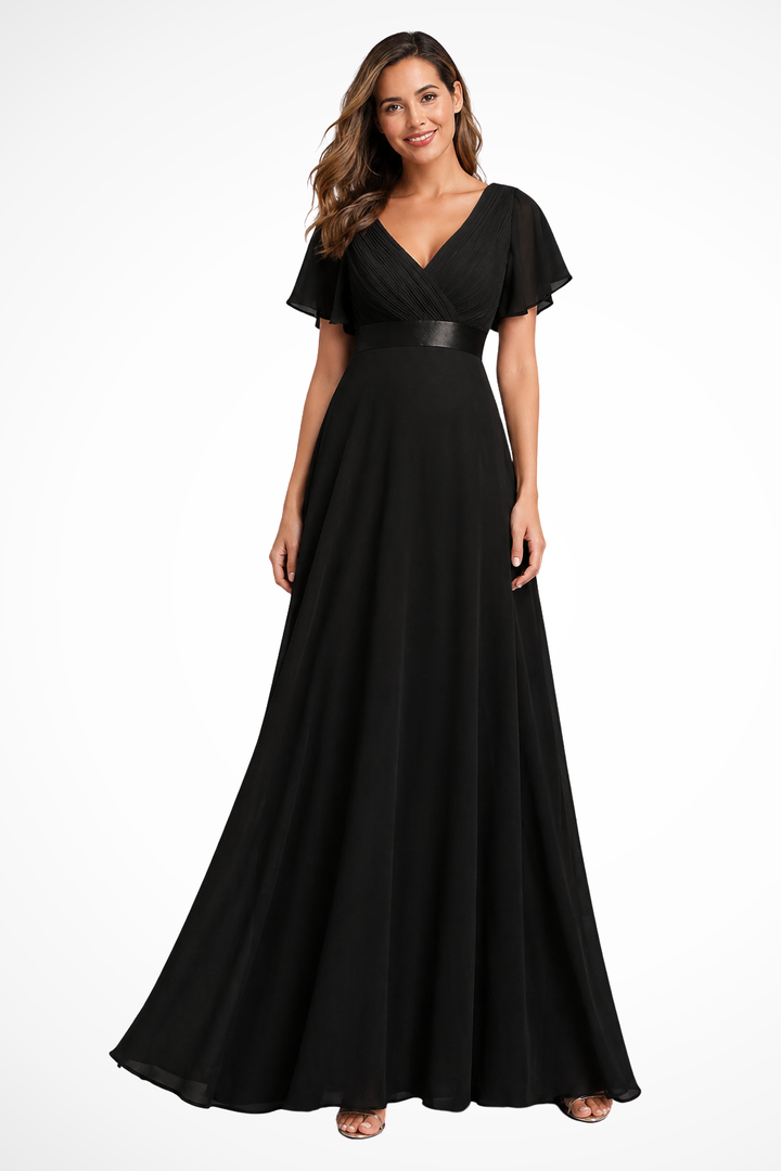 Women's Elegant Flutter Sleeve V Neck Wedding Guest Dress | Maxi