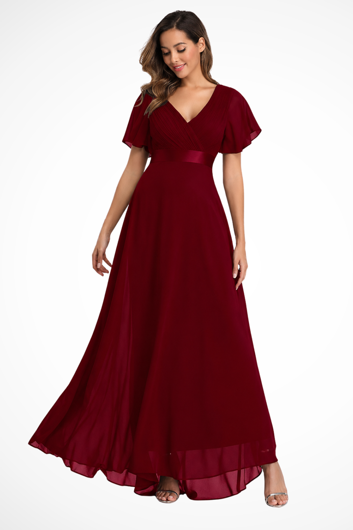 Women's Elegant Flutter Sleeve V Neck Wedding Guest Dress | Maxi