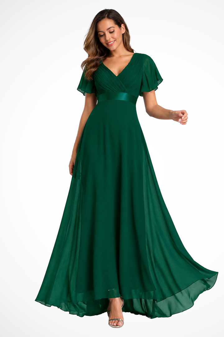 Women's Elegant Flutter Sleeve V Neck Wedding Guest Dress | Maxi