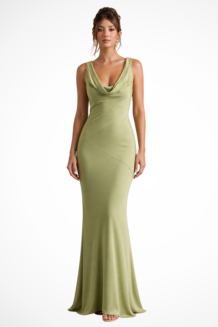 Women's Elegant Cowl Neck Fitted Wedding Guest Dress | Maxi