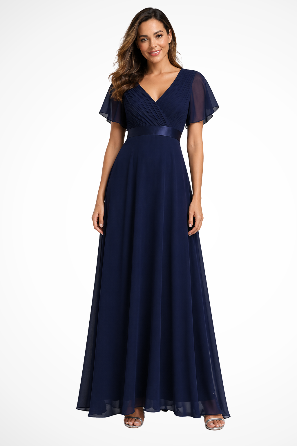 Women's Elegant Flutter Sleeve V Neck Wedding Guest Dress | Maxi