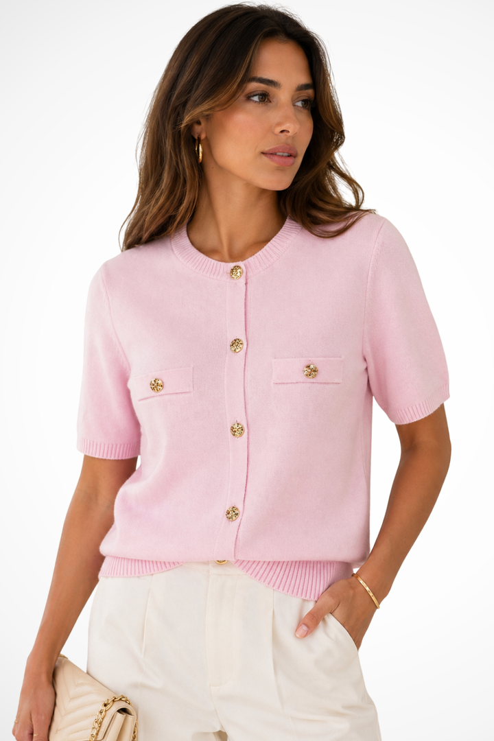Women's Round Neck Gold Button Detail Pocket Summer Cardigan | Short Sleeve
