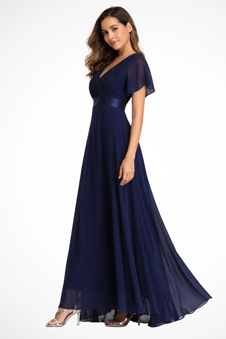 Women's Elegant Flutter Sleeve V Neck Wedding Guest Dress | Maxi