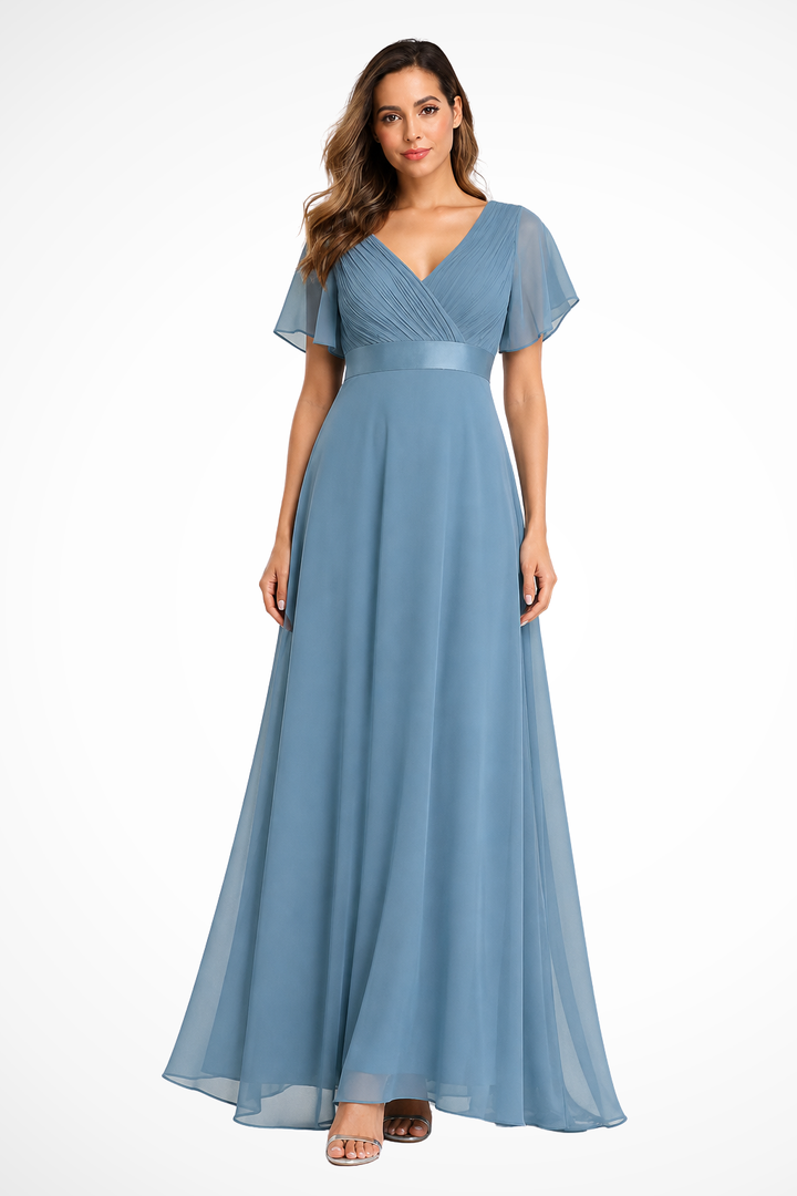 Women's Elegant Flutter Sleeve V Neck Wedding Guest Dress | Maxi