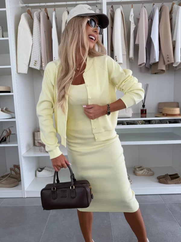 Women's Casual Matching Button Up Cardigan and Fitted Midi Dress Set | Two Piece