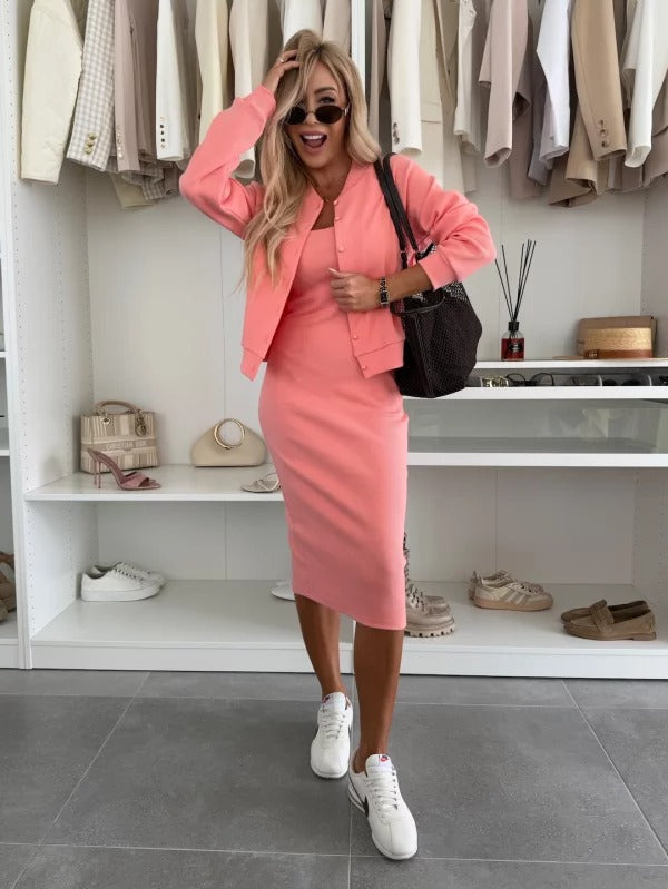 Women's Casual Matching Button Up Cardigan and Fitted Midi Dress Set | Two Piece
