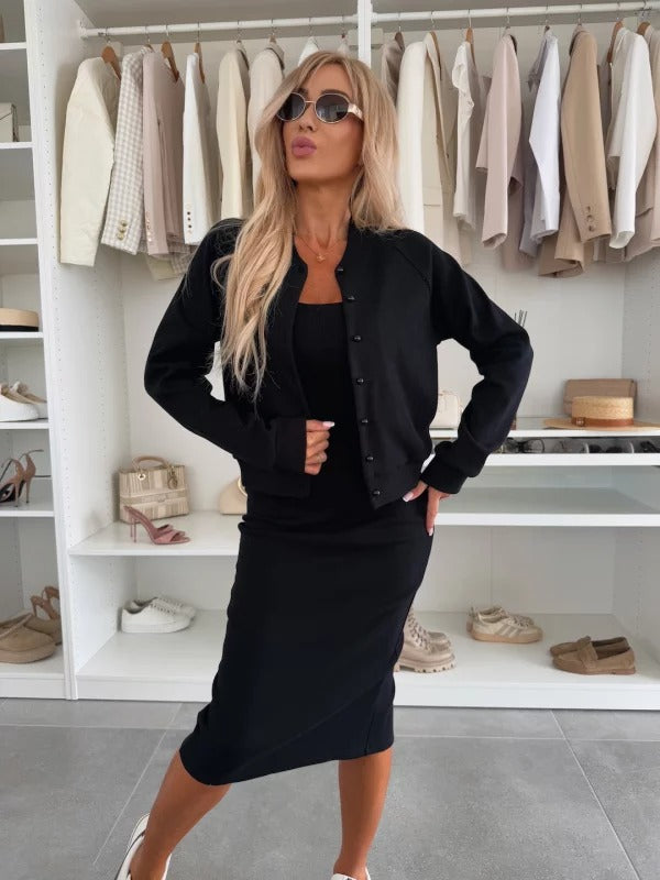 Women's Casual Matching Button Up Cardigan and Fitted Midi Dress Set | Two Piece