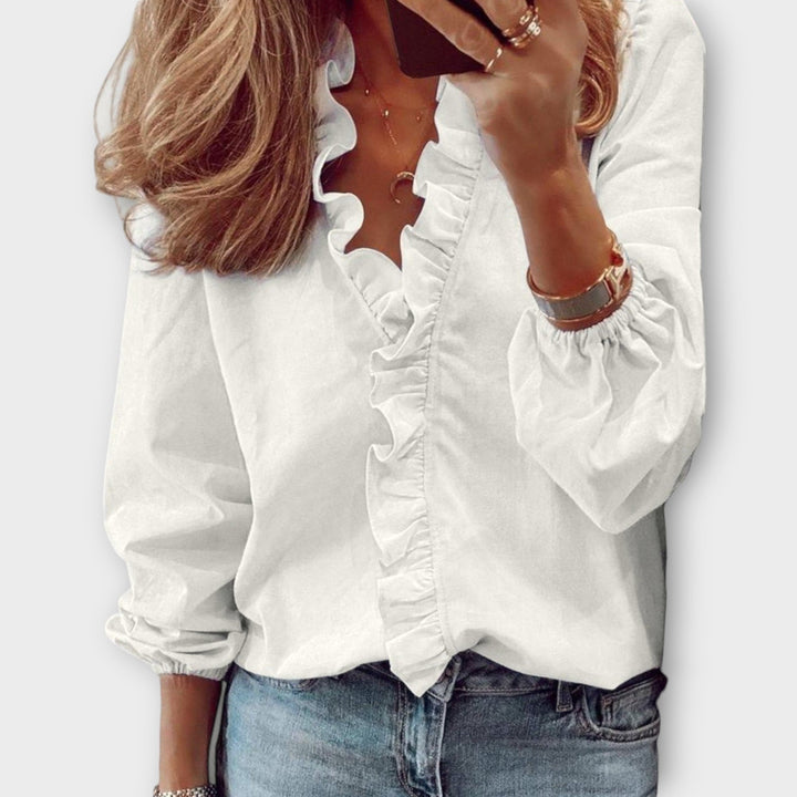 Women's Elegant Ruffled V-Neck Summer Blouse | Long Sleeve