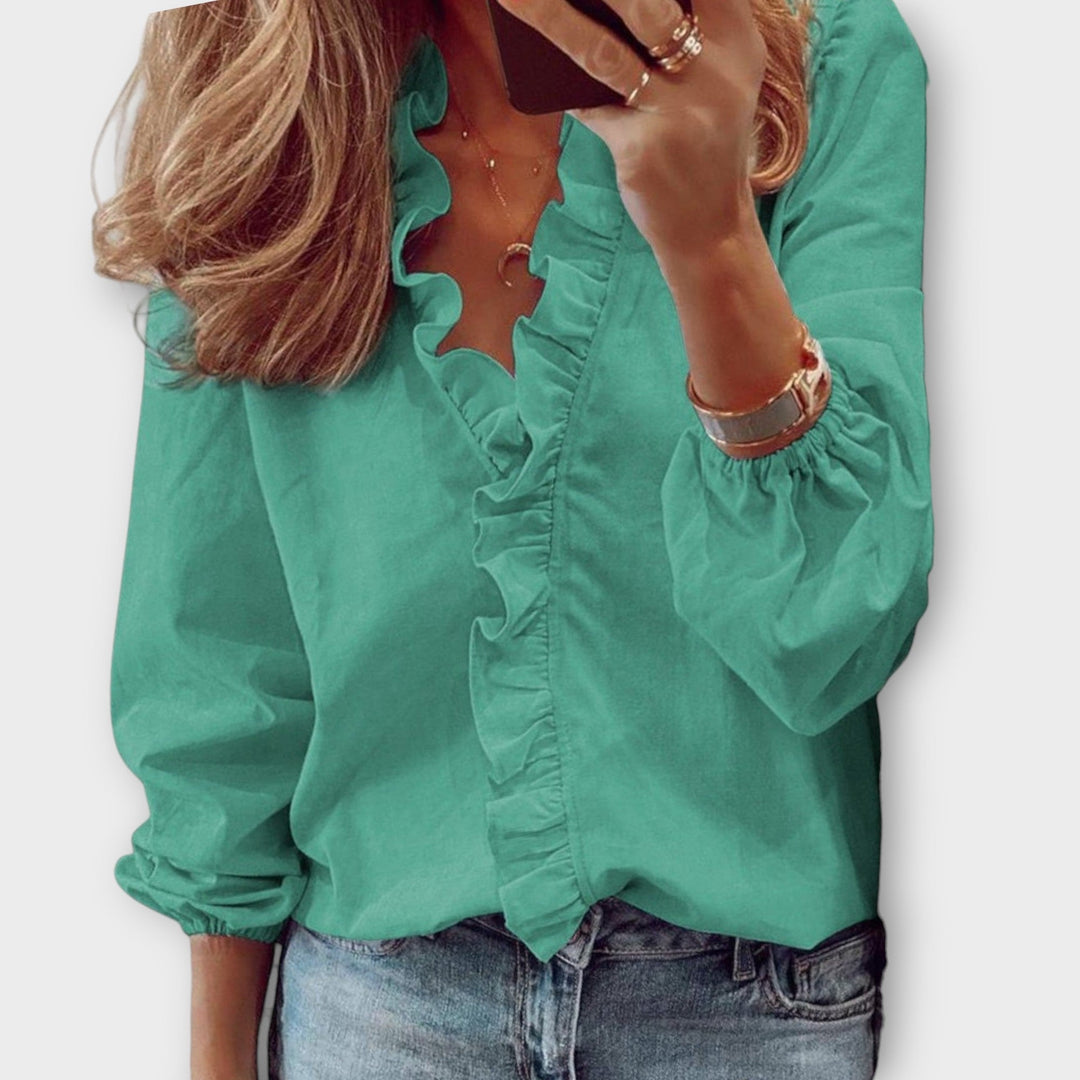 Women's Elegant Ruffled V-Neck Summer Blouse | Long Sleeve
