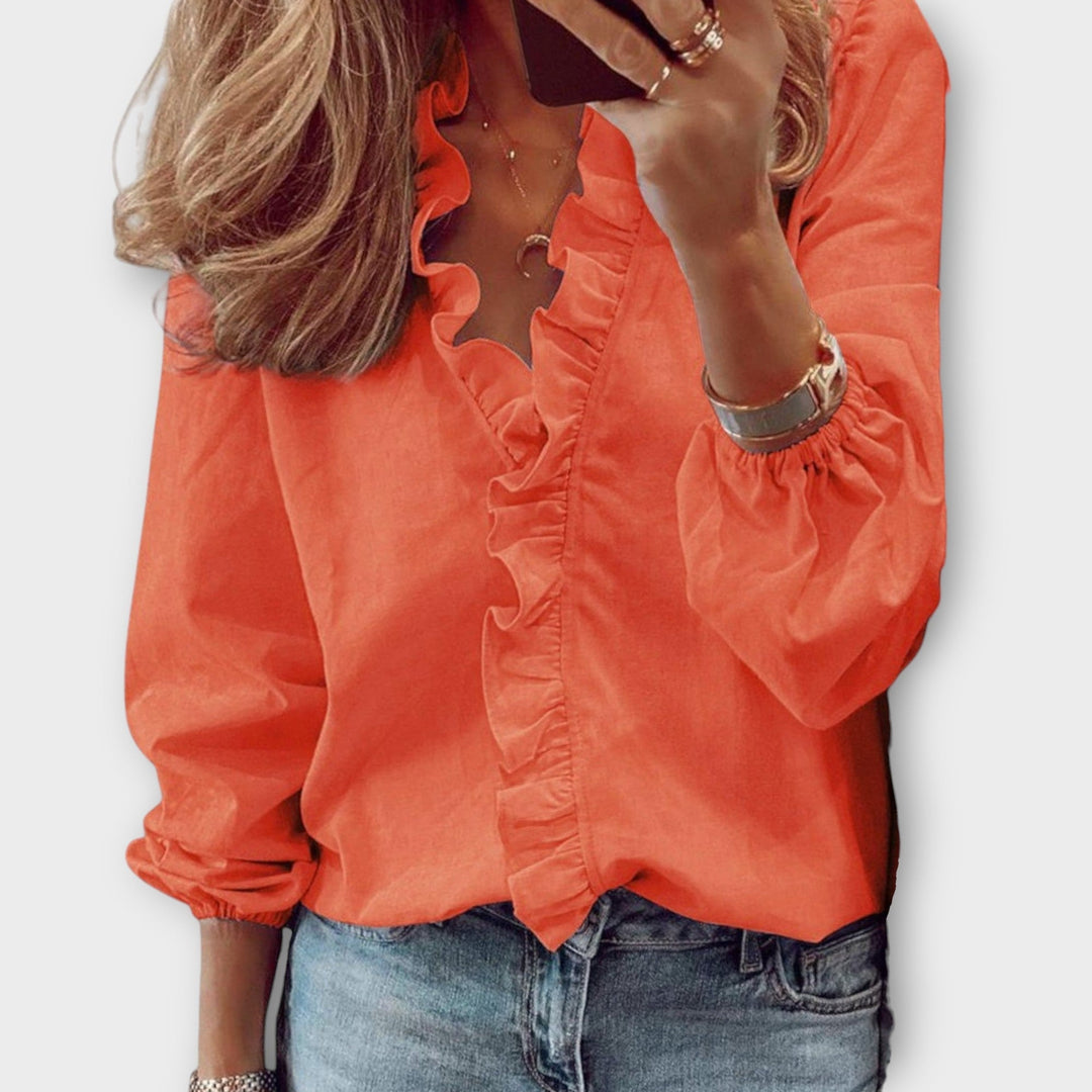 Women's Elegant Ruffled V-Neck Summer Blouse | Long Sleeve