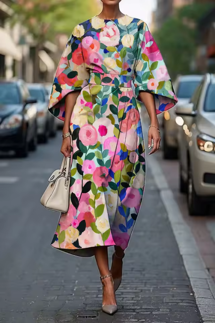 Women's Elegant Wedding Guest Floral Belted Dress | Midi